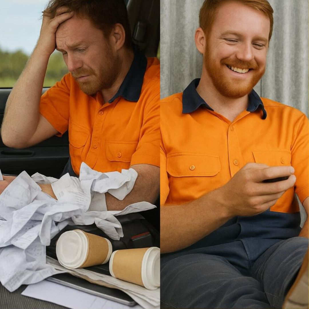 Overwhelmed tradie surrounded by receipts and ATO letters, contrasted with confident tradie using bookkeeping support.