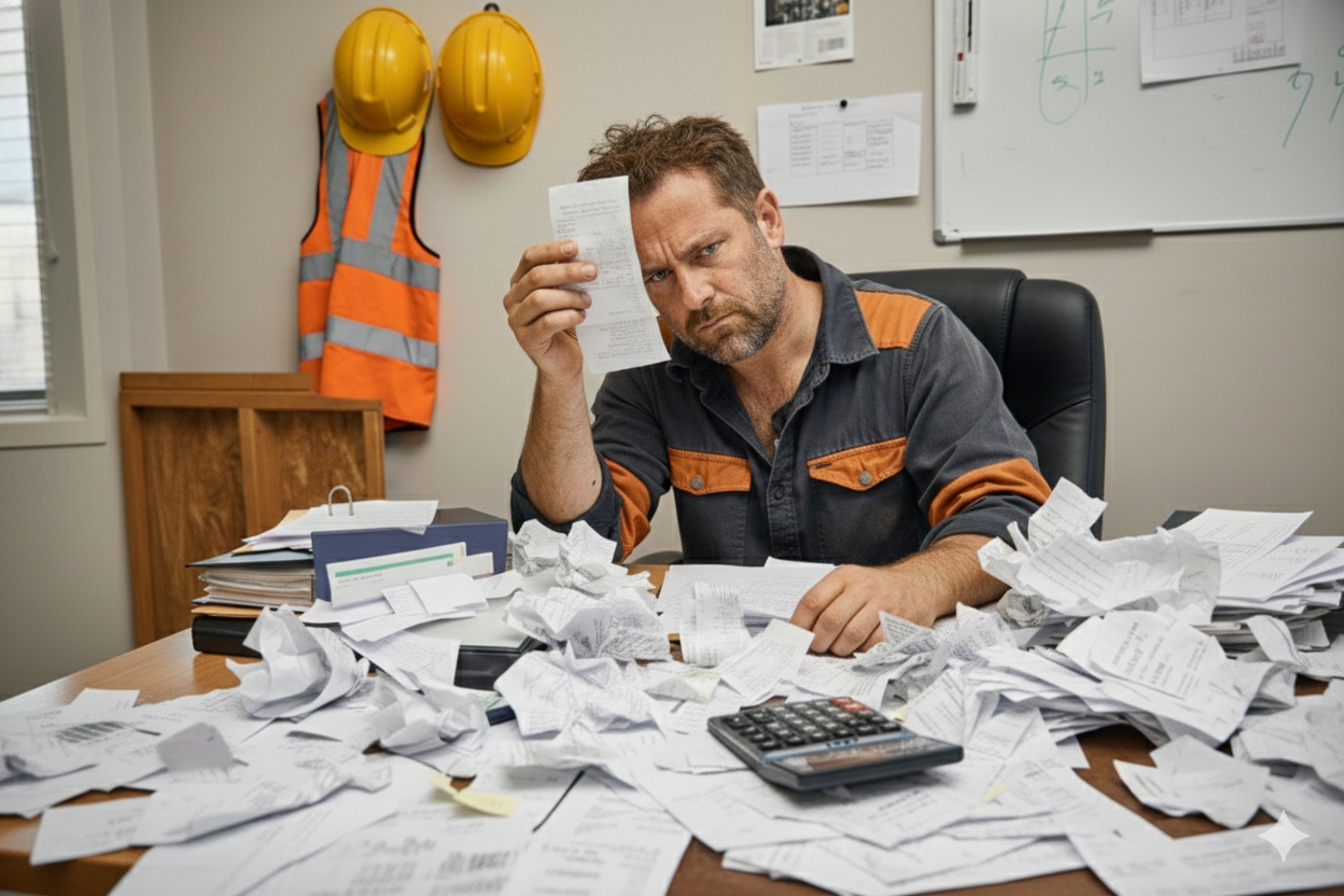 Tradie overwhelmed by messy receipts and admin blowouts in bookkeeping