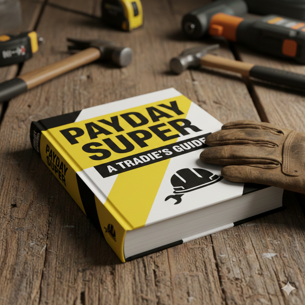 Australian tradie reviewing payroll software, preparing for Payday Super changes