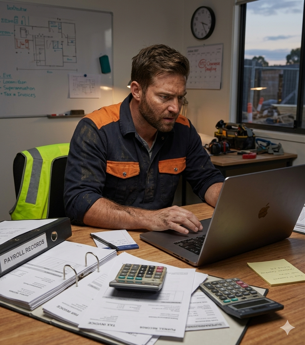 Tradie business owner reviewing payroll and super payments before the ATO small business clearing house closing