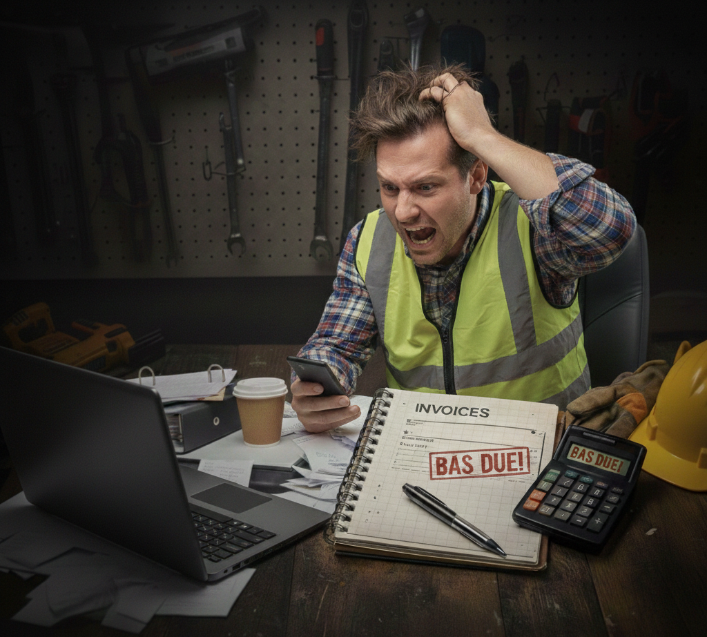 Australian tradie reviewing BAS paperwork at desk before December quarter deadline