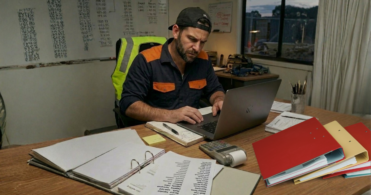 tradie business owner doing bookkeeping at night showing tradie bookkeeping stress