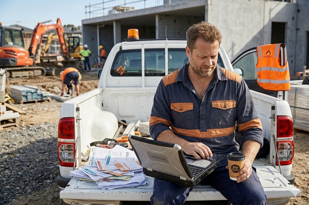 Australian tradie business owner reviewing job costs and BAS at smoko showing flat out is not a financial strategy