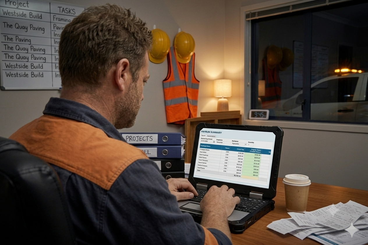 Tradie business owner checking a payday super for tradies' pay run on a laptop.