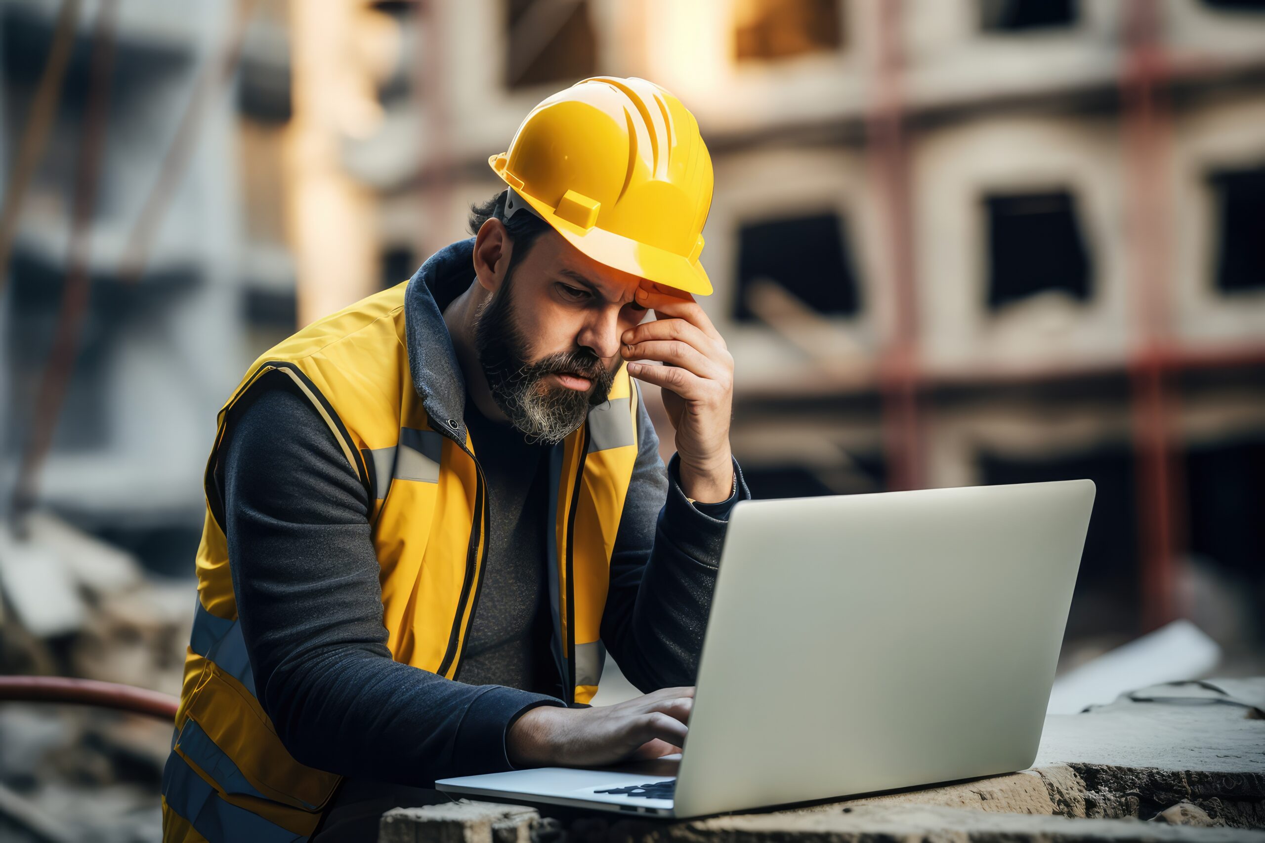 Tradie checking bank balance on his laptop not realising GST super and PAYG are already owing in FY2025-26