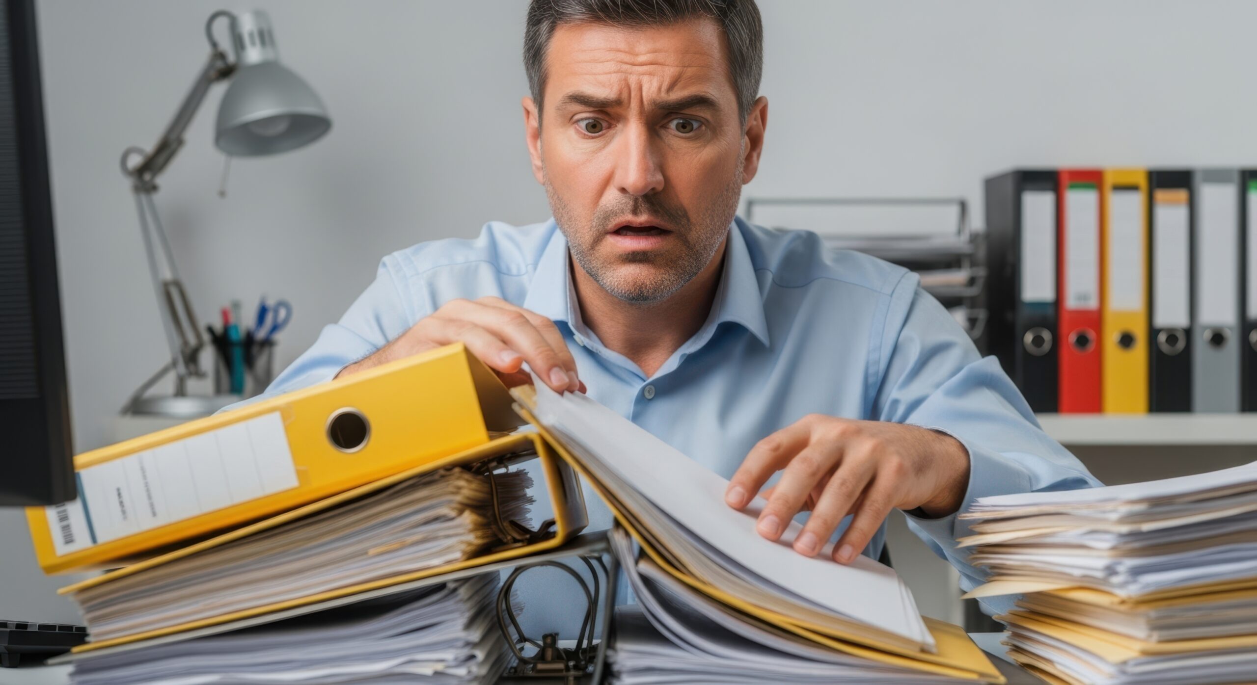 Tradie business owner reviewing paperwork and bookkeeping records at the end of a long work day