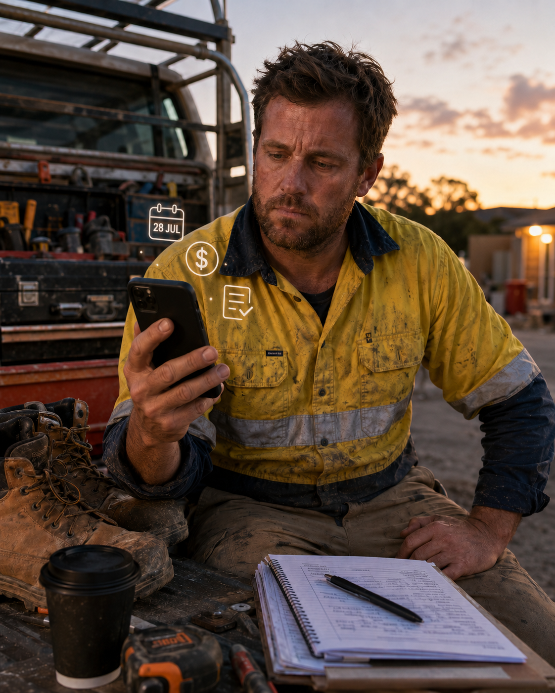 Tradie checking the Q4 self-lodgement BAS deadline and super figures on a phone at the end of a work day