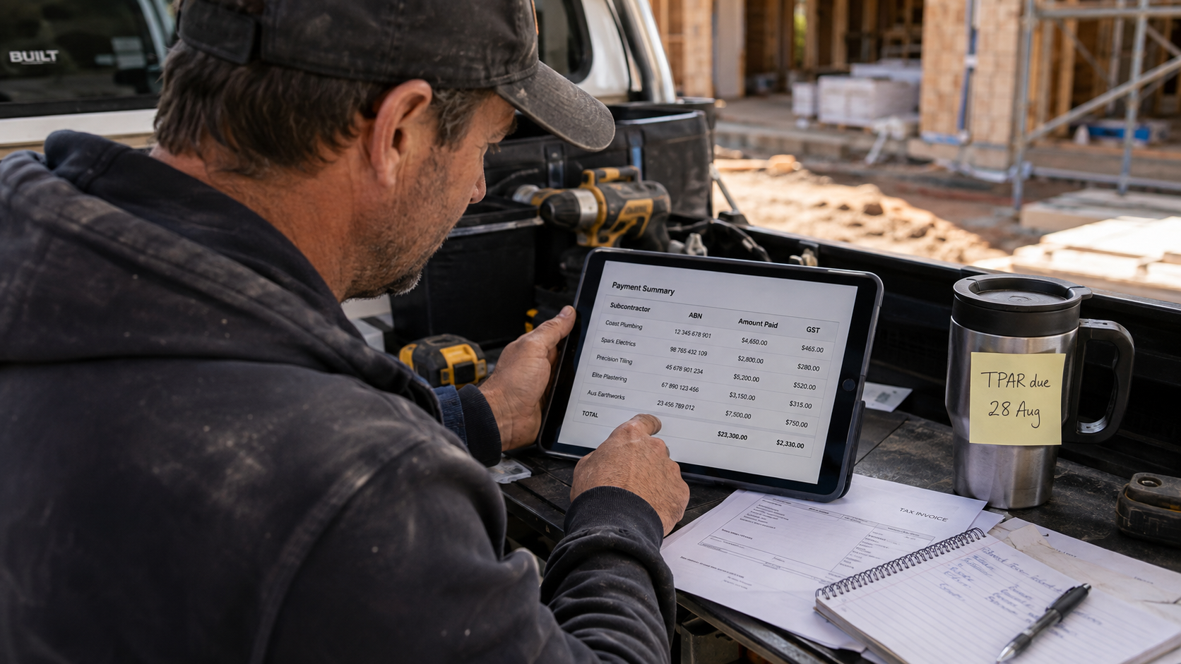 Australian tradie checking subcontractor payment records on a tablet ahead of the TPAR due 28th August deadline