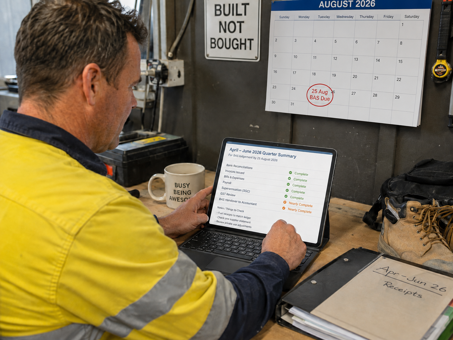 Australian tradie checking Q4 BAS bookkeeping before the 25th August 2026 deadline