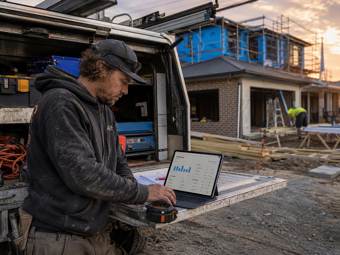 Australian tradie checking invoices and spring cash flow before a busy season