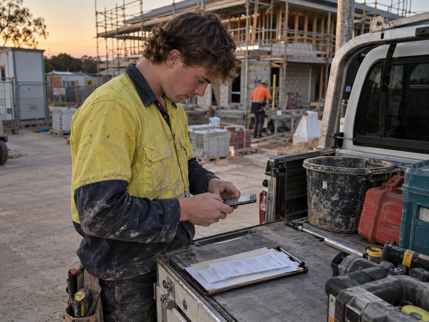 Australian tradie showing his apprentice how to photograph and upload a supplier receipt on site