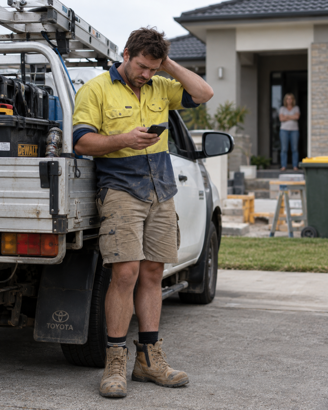 A tradie standing beside his ute outside the house of a client while checking his phone.
